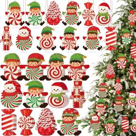24Pcs Elves Christmas Tree Wooden Ornaments Candy Canes Design Ornament with Ropes Elf Snowman Soldier Santa Claus Penguin Gingerbread Decor for