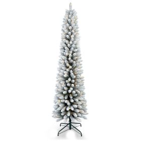 Prelit 7FT PVC Flocked Pencil Tree Artificial Slim Christmas Tree